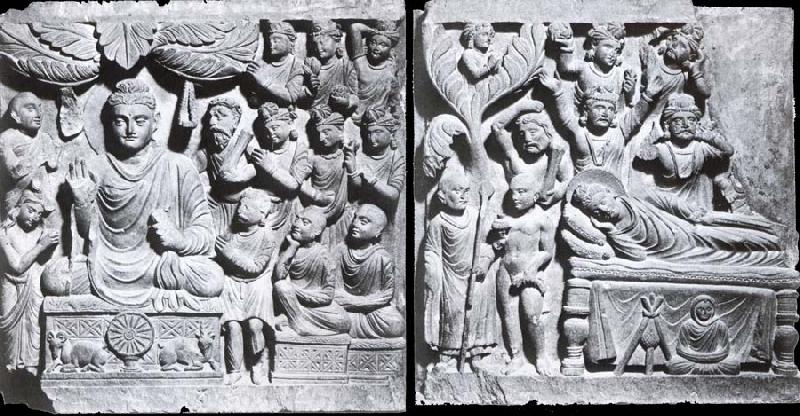 unknow artist Relief from Gandhara with the-first preaching in first preaching in the deer camp-and the death of Buddha, Kushana. China oil painting art